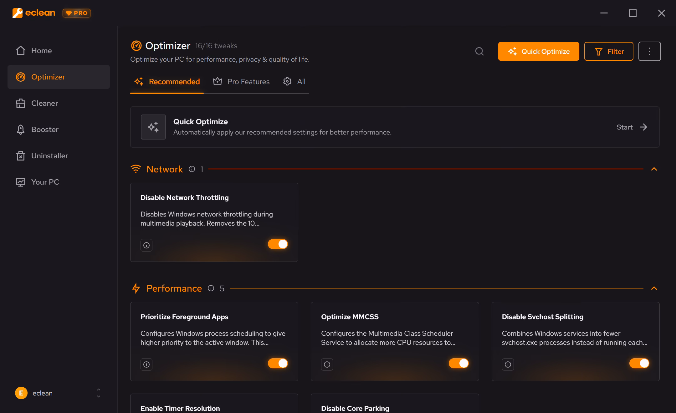 eclean Optimizer showing explained Windows performance, privacy, and network recommendations