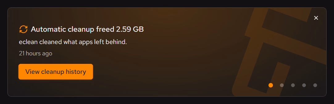 A card on Home that reads Automatic cleanup freed 2.59 GB. eclean cleaned what apps left behind, 21 hours ago, with a View cleanup history button.