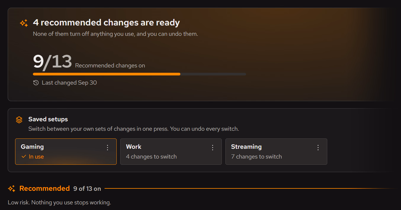 The eclean 1.4 Optimizer. A summary card reads 4 recommended changes are ready, none of them turn off anything you use, with 9 of 13 recommended changes on. Below it, Saved setups offers Gaming, in use, Work and Streaming, and the Recommended section begins with low risk, nothing you use stops working.