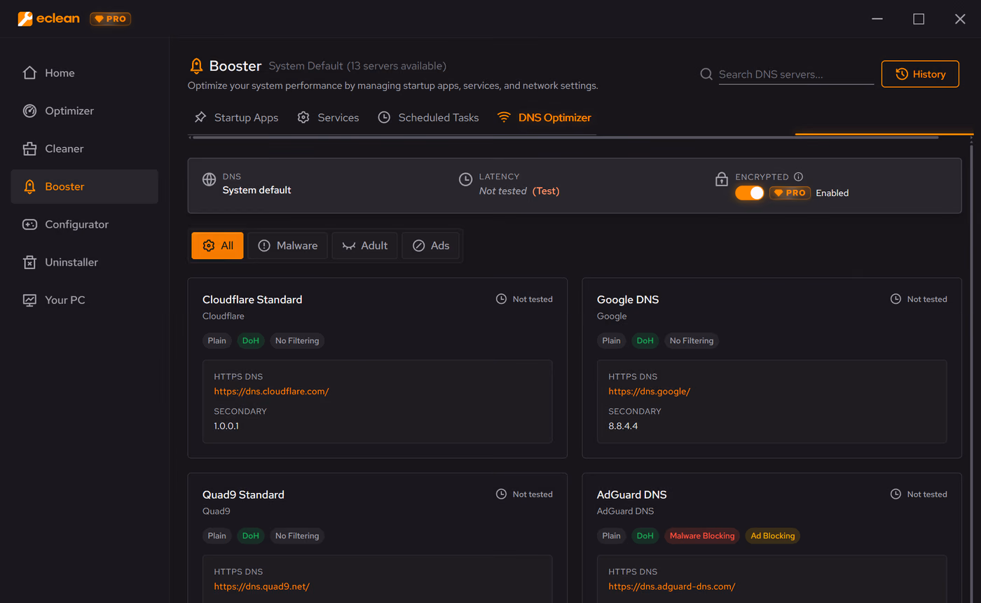The eclean Booster, DNS screen