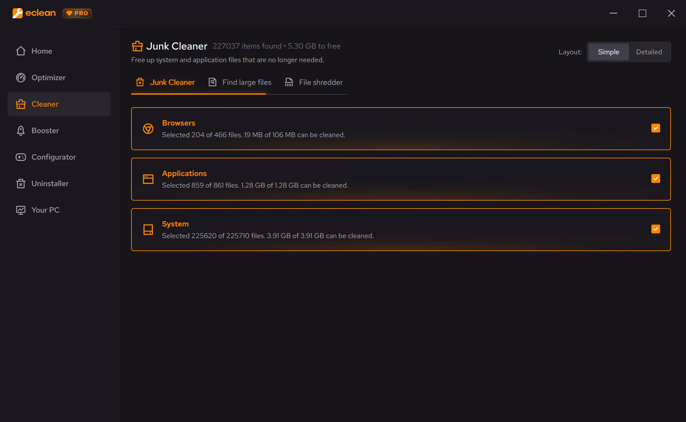 The eclean Cleaner results screen