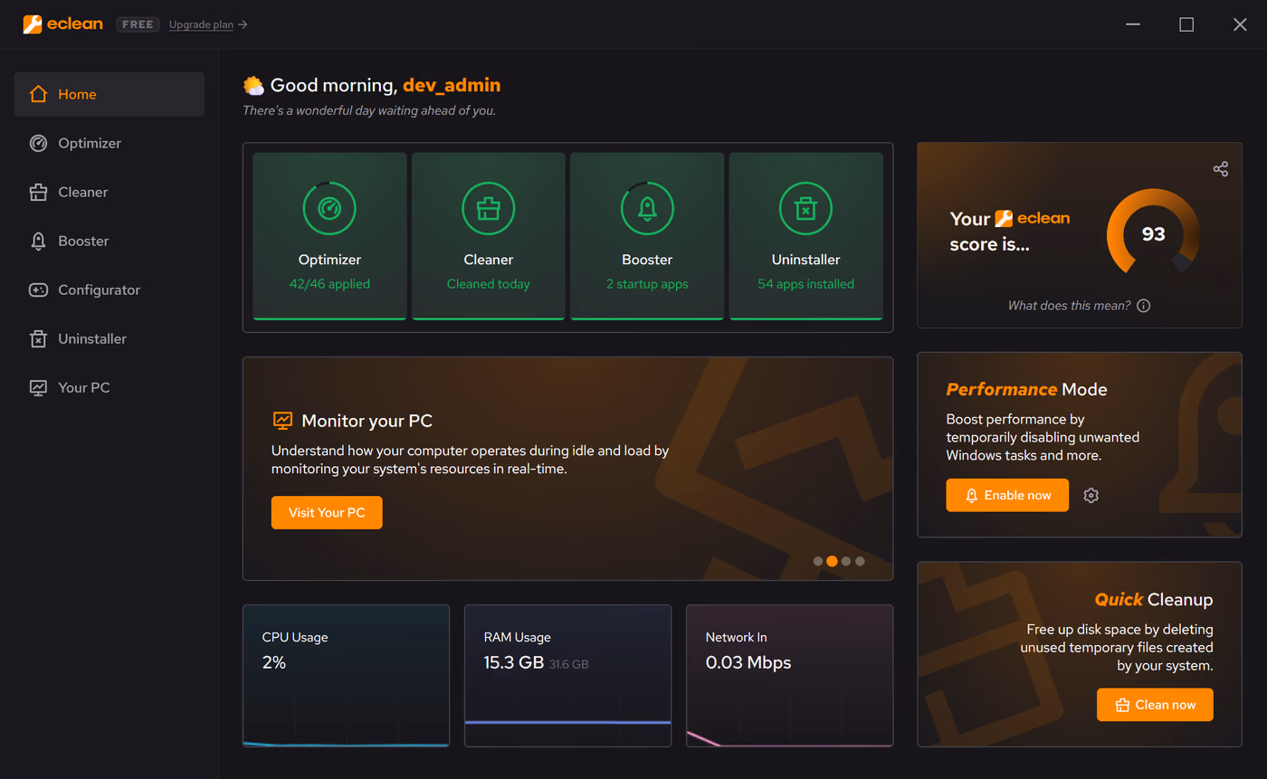 The eclean Dashboard screen