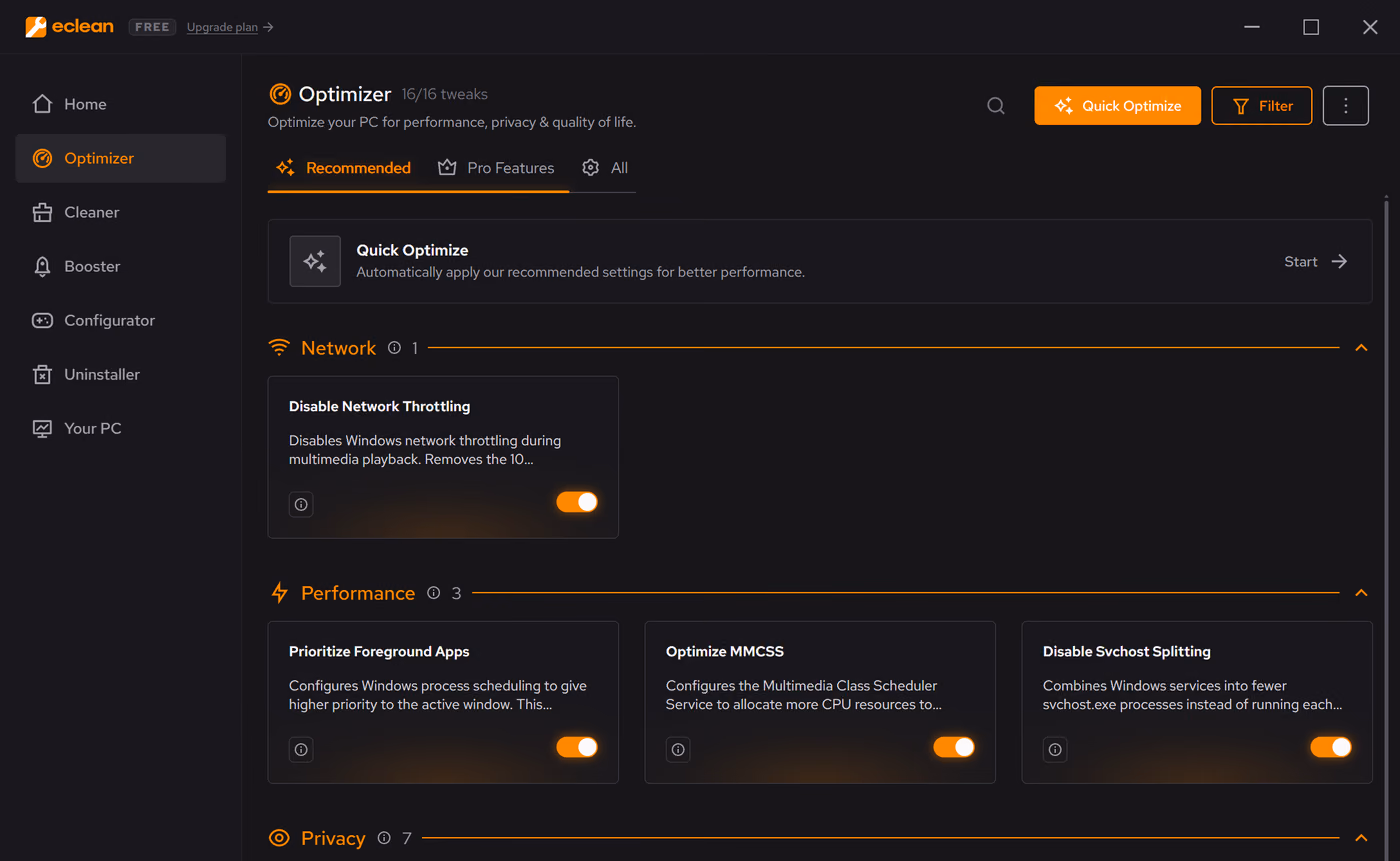 The eclean Optimizer screen